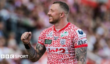 Leigh Leopards winger Josh Charnley celebrates his 250th Super League try, during the match against Hull Kingston Rovers.