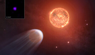 This release features an artist's illustration of a Jupiter-sized planet closely orbiting a faint red star. An inset image, showing the star in X-ray light from Chandra, is superimposed on top of the illustration at our upper left corner.
