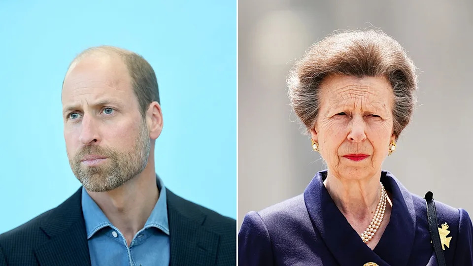A split side-by-side image of Prince William looks on and Princess Anne in a blazer.
