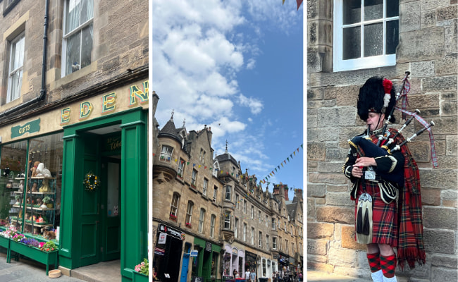 scottish streets with man playing bagpipes