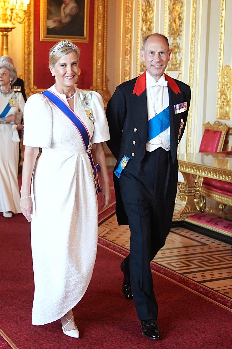 windsor, england july 8: sophie, duchess of edinburgh and prince edward, duke of edinburgh attend the state banquet for president of france emmanuel macron and his wife brigitte macron, at windsor castle on july 8, 2025 in windsor, england. president emmanuel macron and mrs brigitte macron visit the uk in the first visit state visit made by france in 17 years. they are staying at windsor castle, hosted by king charles iii and queen camilla, and a banquet will be held there in their honour. the macrons will visit imperial college, and the president will address parliament during his stay. (photo by aaron chown pool/getty images)