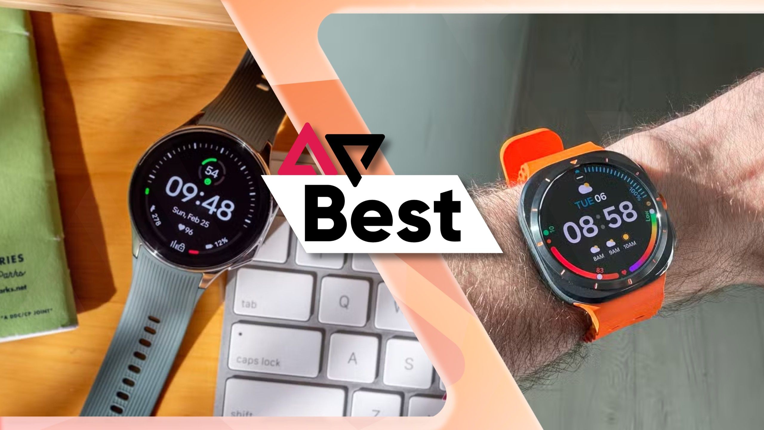 The OnePlus Watch 2 on the left and the Samsung Galaxy Watch Ultra on the right with an AP Best logo in the middle over an orange background.