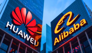 Illustration of Huawei and Alibaba logos clashing in a digital landscape, representing the AI model dispute.