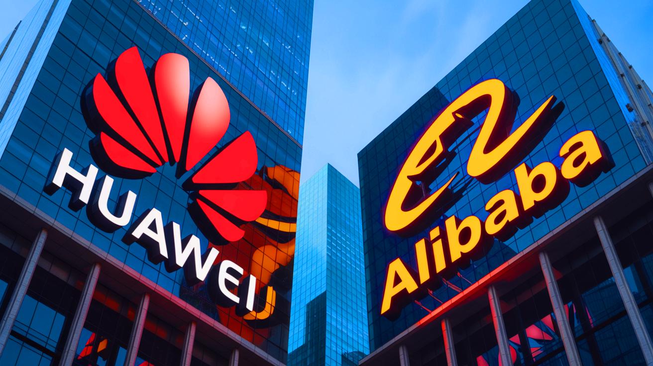 Illustration of Huawei and Alibaba logos clashing in a digital landscape, representing the AI model dispute.