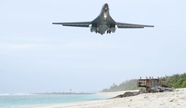 A B-1B Lancer lands at Diego Garcia in the Chagos Islands, 2021. Image by APFootage / Alamy Stock Photo
