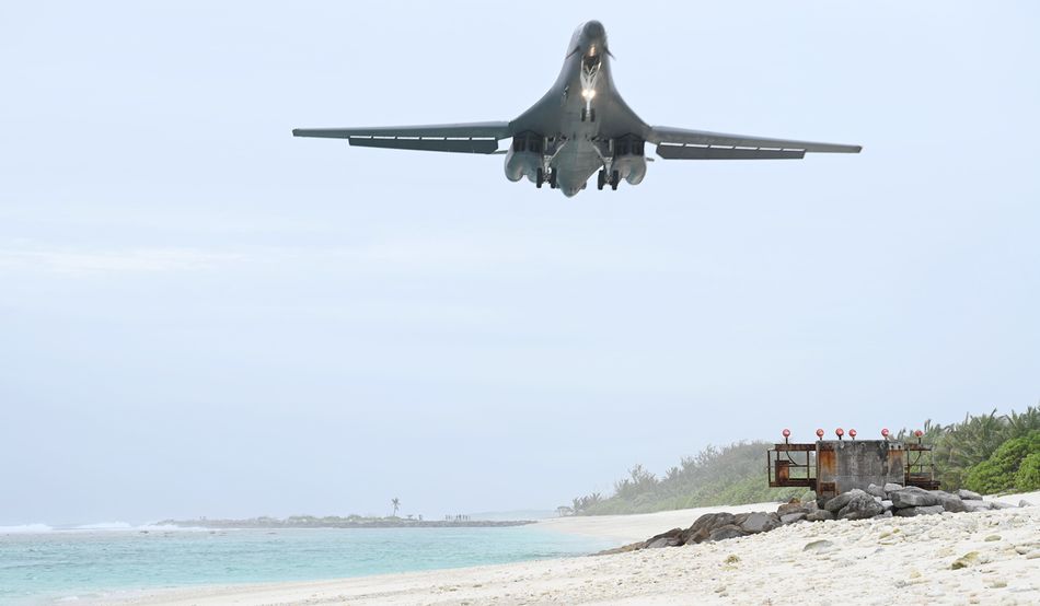A B-1B Lancer lands at Diego Garcia in the Chagos Islands, 2021. Image by APFootage / Alamy Stock Photo