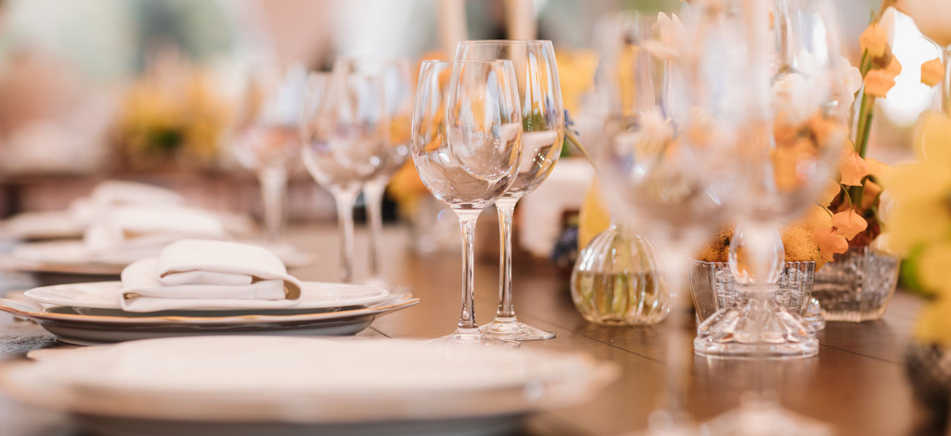 Served Dinner Table In A Restaurant. Restaurant Interior. Cozy R