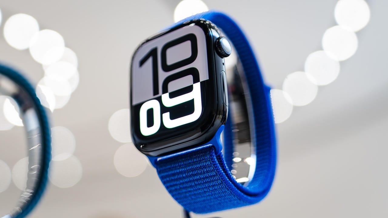 Black Apple Watch Series 10 with blue band