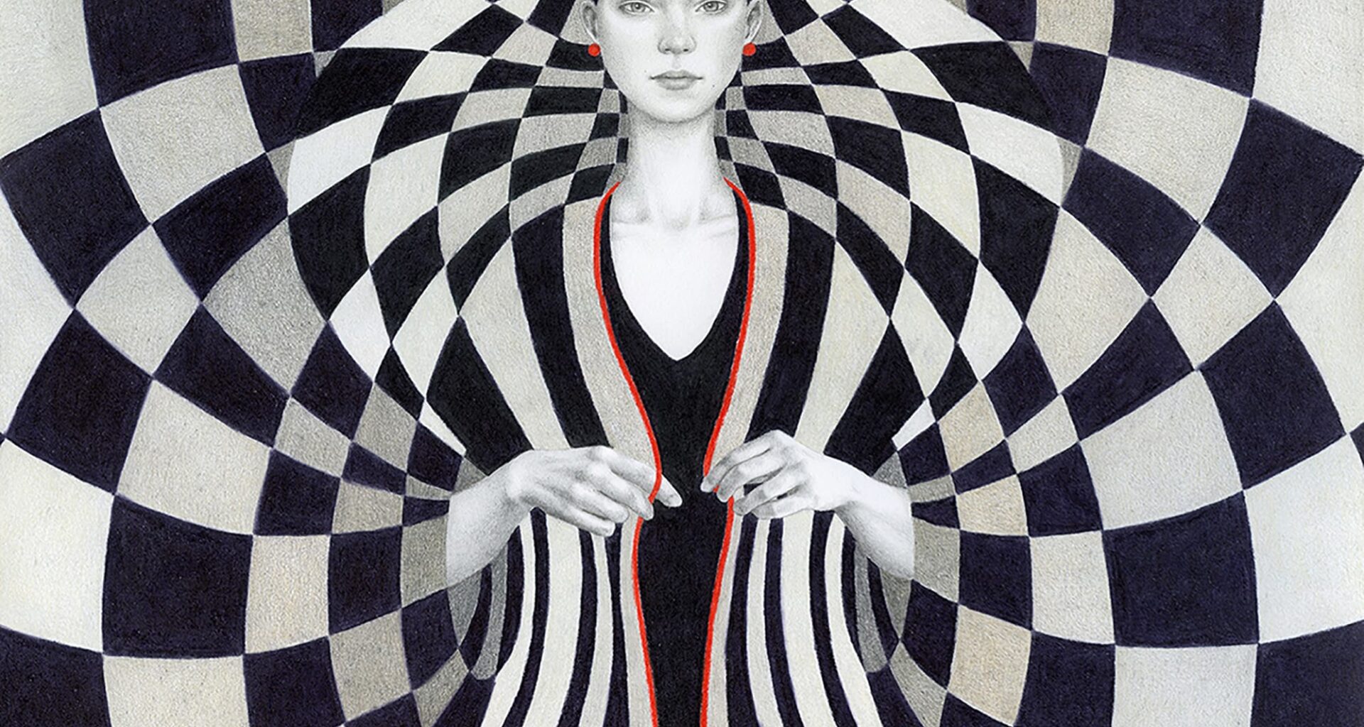 a stylish painting by Sofia Bonati of a woman surrounded by a symmetric geometric pattern