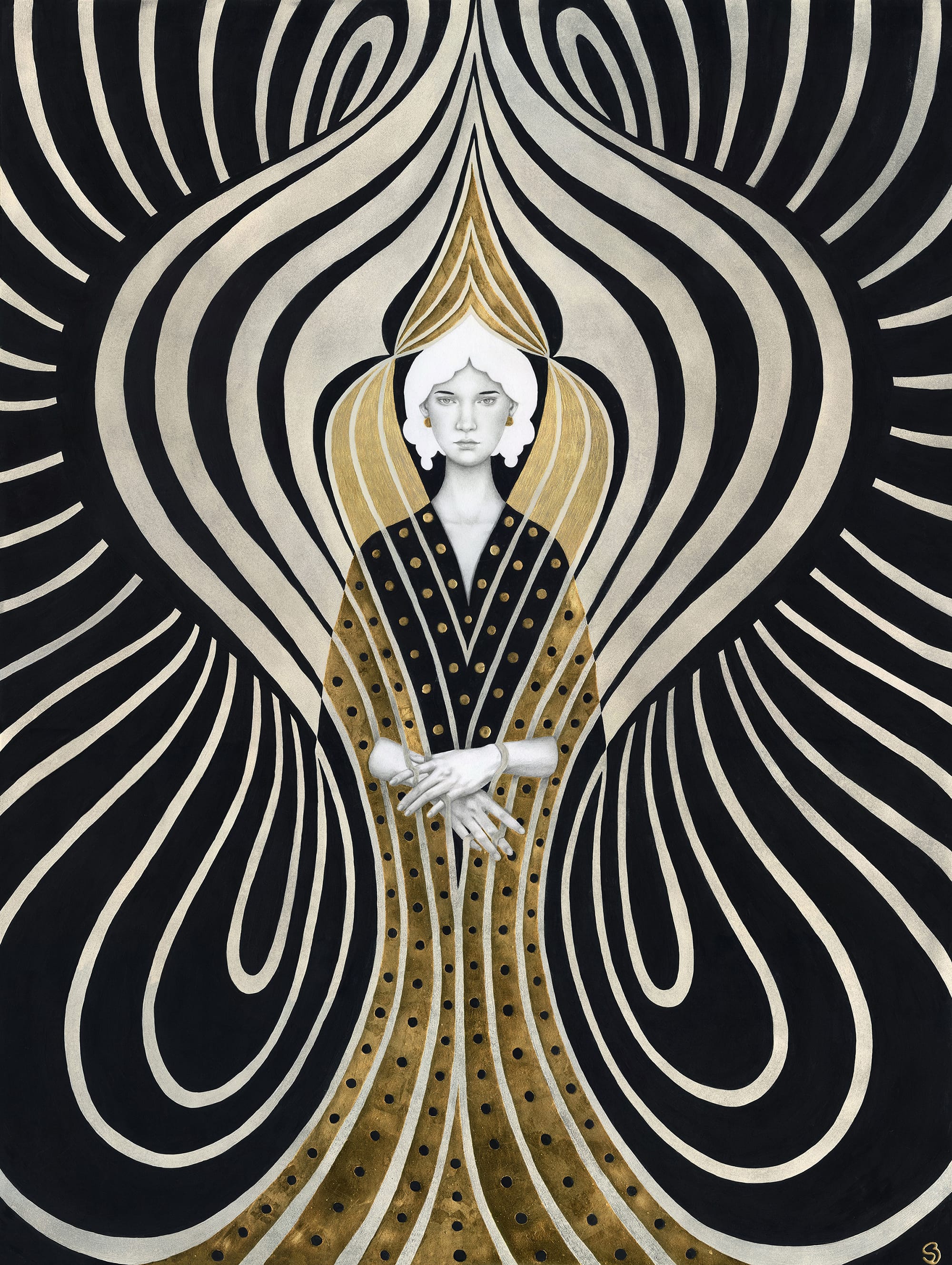 a stylish painting by Sofia Bonati of a woman surrounded by symmetric geometric lines