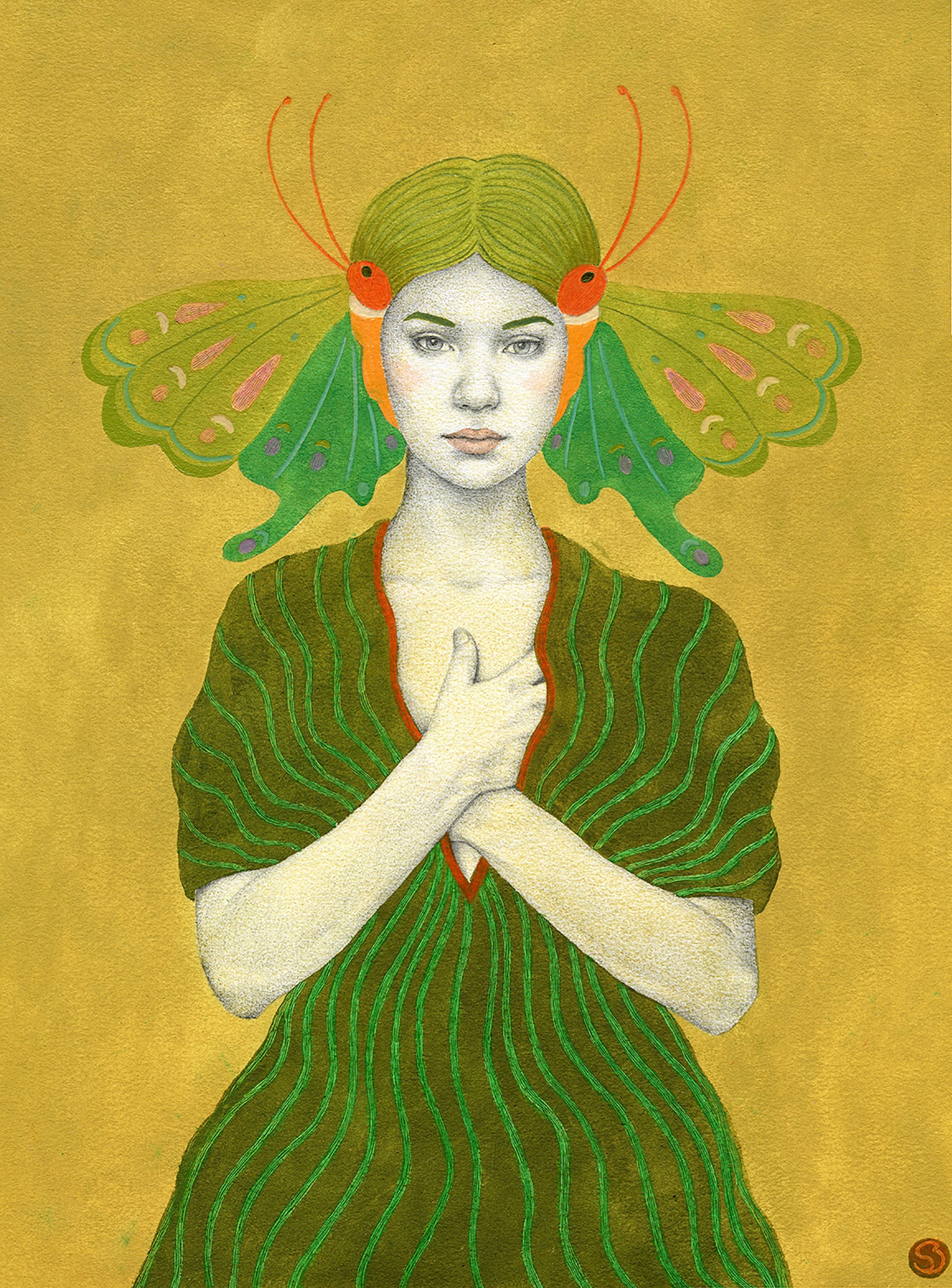 a stylish painting by Sofia Bonati of a woman wearing a headdress resembling butterfly wings, wearing a green dress against a yellow background