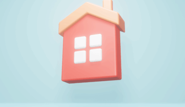A simple 3D graphic of a peach-coloured house that appears to be bouncing off the ground, with a pastel blue background