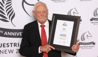 Joe Yorke being inducted into the Equestrian Sports New Zealand Hall of Fame on Friday night.   Photo: ESNZ