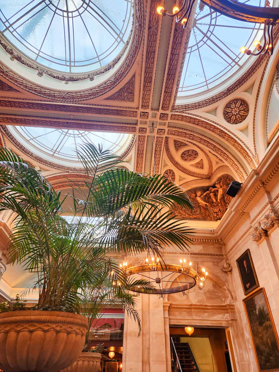 View of the ceiling at the Cosy Club, a former bank turned restaurant - one of the unusual places to eat in Bristol with kids