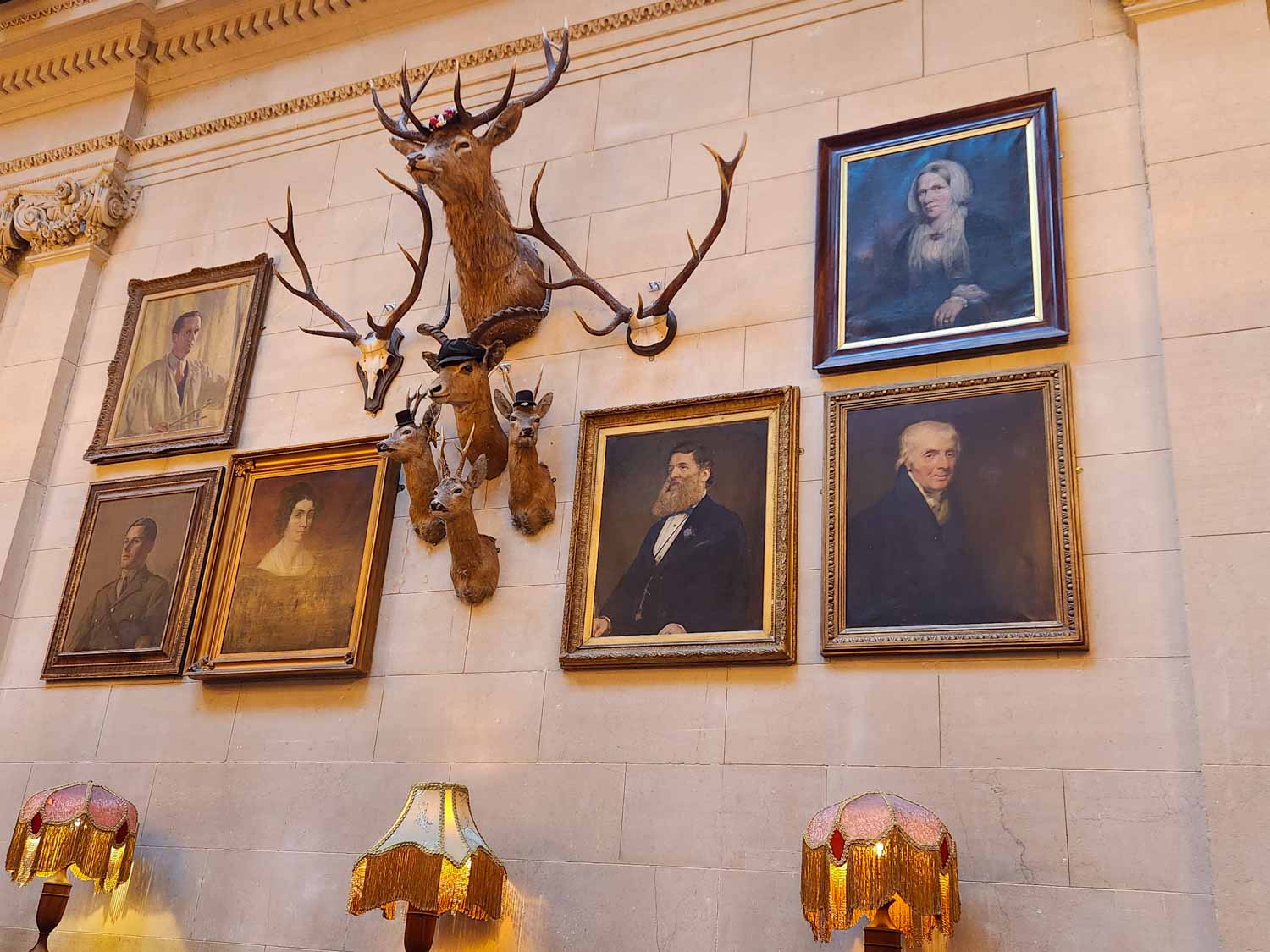 Portraits and deer heads wearing hats on the wall at Cosy Club - one of the unusual places to eat in Bristol with kids