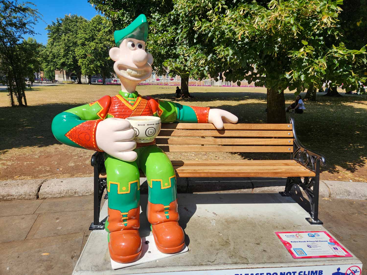 Statue of Wallace as Robin Hood, called Robin Hood Prince of Cheese, on College Green near the cathedral - one of my highlights from the Gromit Unleashed 3 trail in Bristol with kids