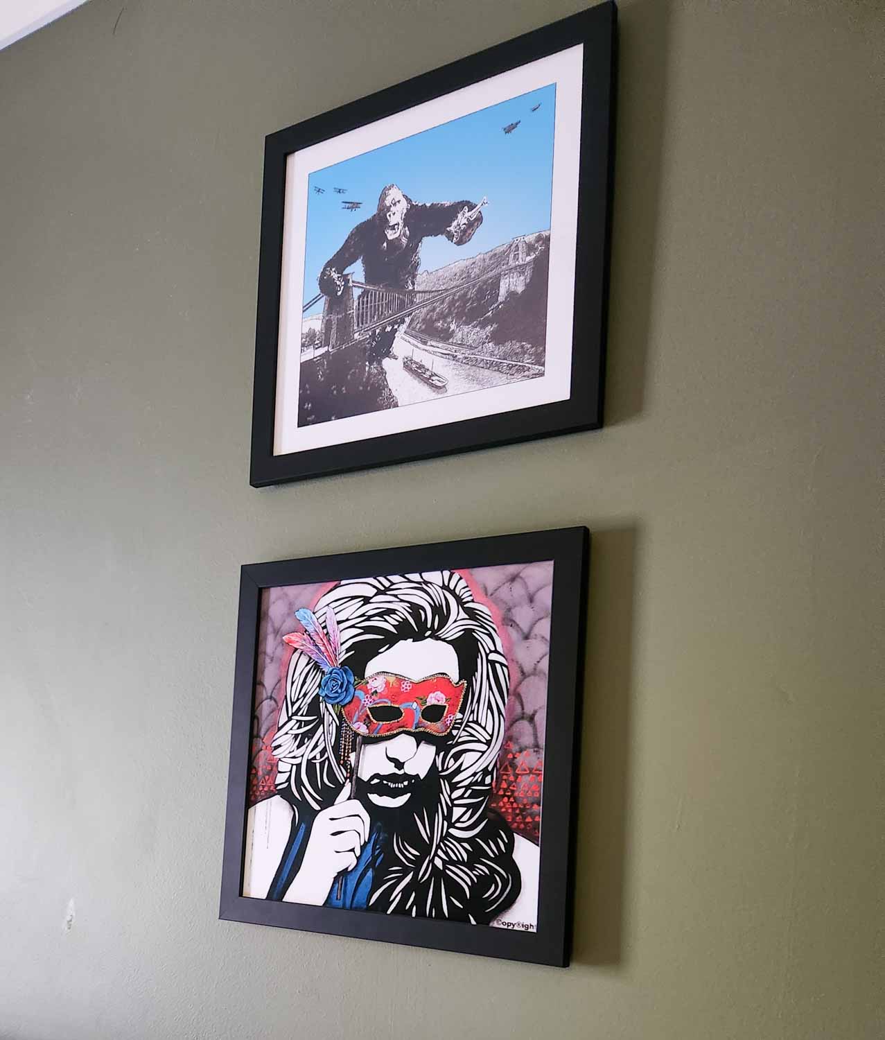 Close-up of two pieces of art on the walls of our room including one of King Kong by Clifton Suspension bridge - my Mercure Grand Bristol review
