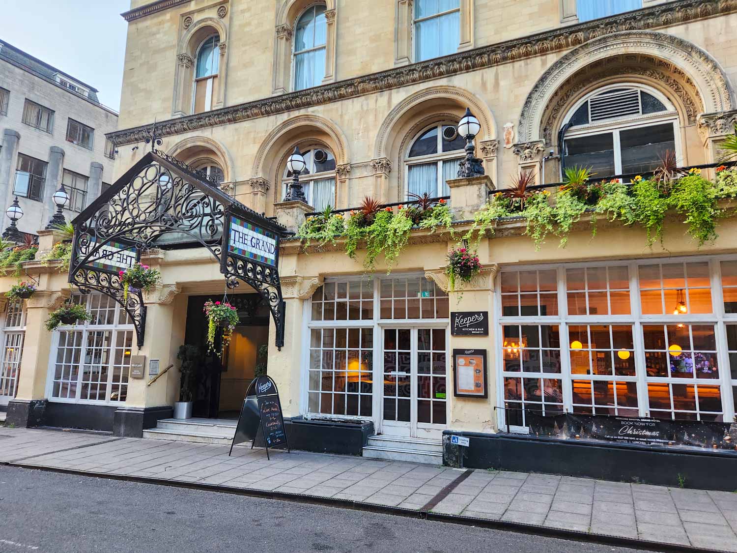 Exterior of Mercure Bristol Grand hotel with its Victorian facade and vintage glass and Keepers bar visible - my Mercure Grand Bristol review