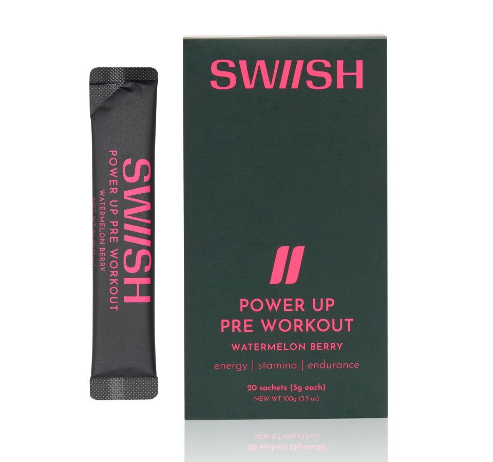 SWISH Power Up Pre Workout watermelon berry sachets.