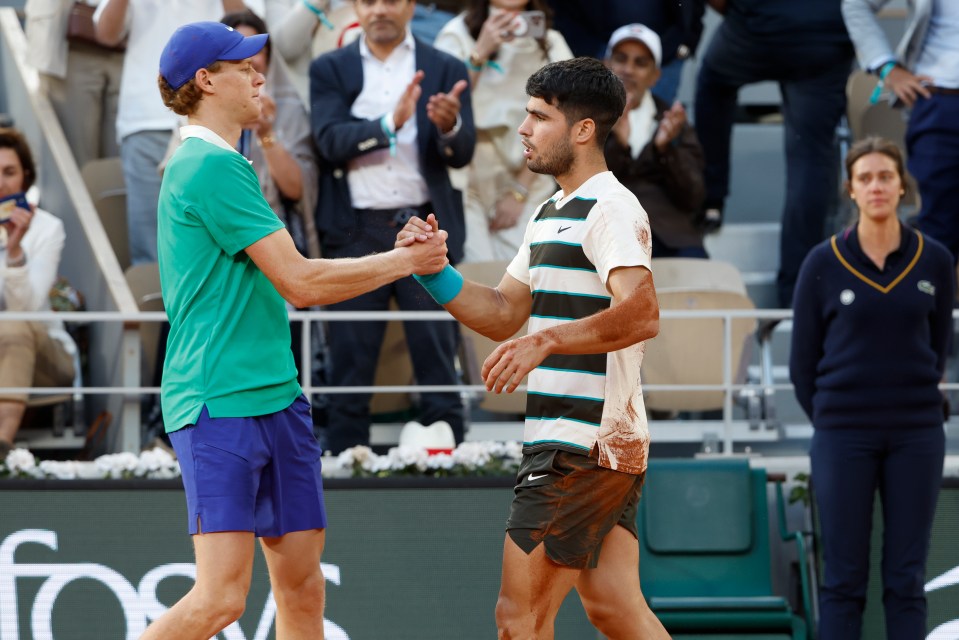 Alcaraz battled to a stunning five-set comeback victory over Sinner at the French Open in June
