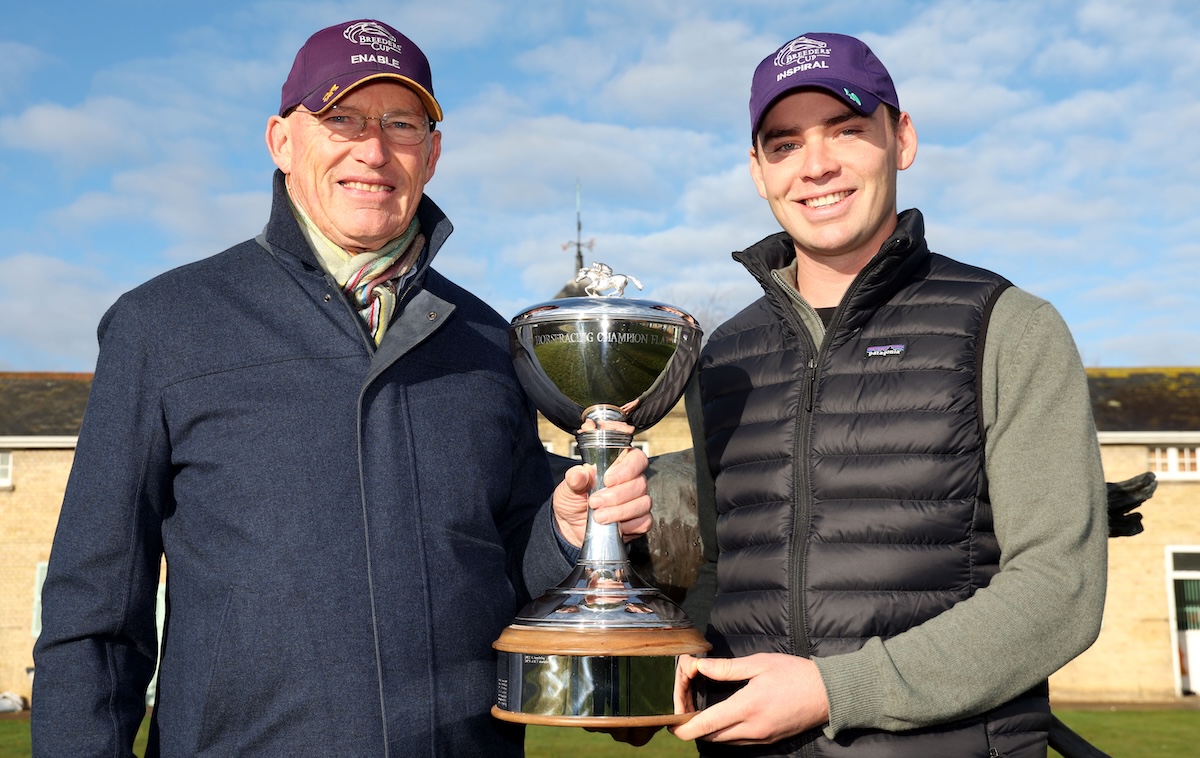 John & Thady Gosden with their champion trainer trophy in November 2023. Photo: Dan Abraham / focusonracing.com