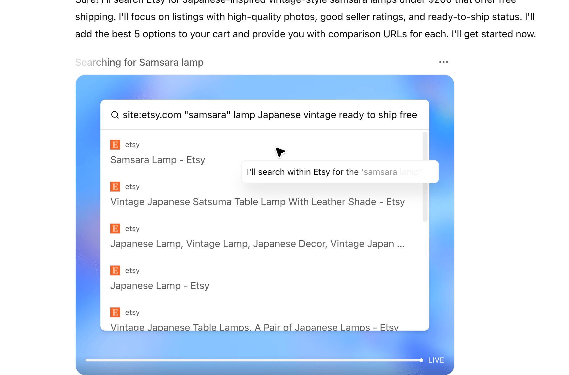 A screenshot of The Verge testing ChatGPT Agent looking for lamps on Etsy