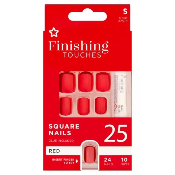 Package of 24 red square press-on nails with glue.