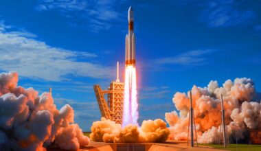 Illustration of China's LandSpace Technology launching an improved methane-powered rocket, showcasing advancements in reusable space travel.