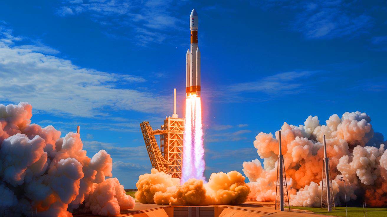 Illustration of China's LandSpace Technology launching an improved methane-powered rocket, showcasing advancements in reusable space travel.
