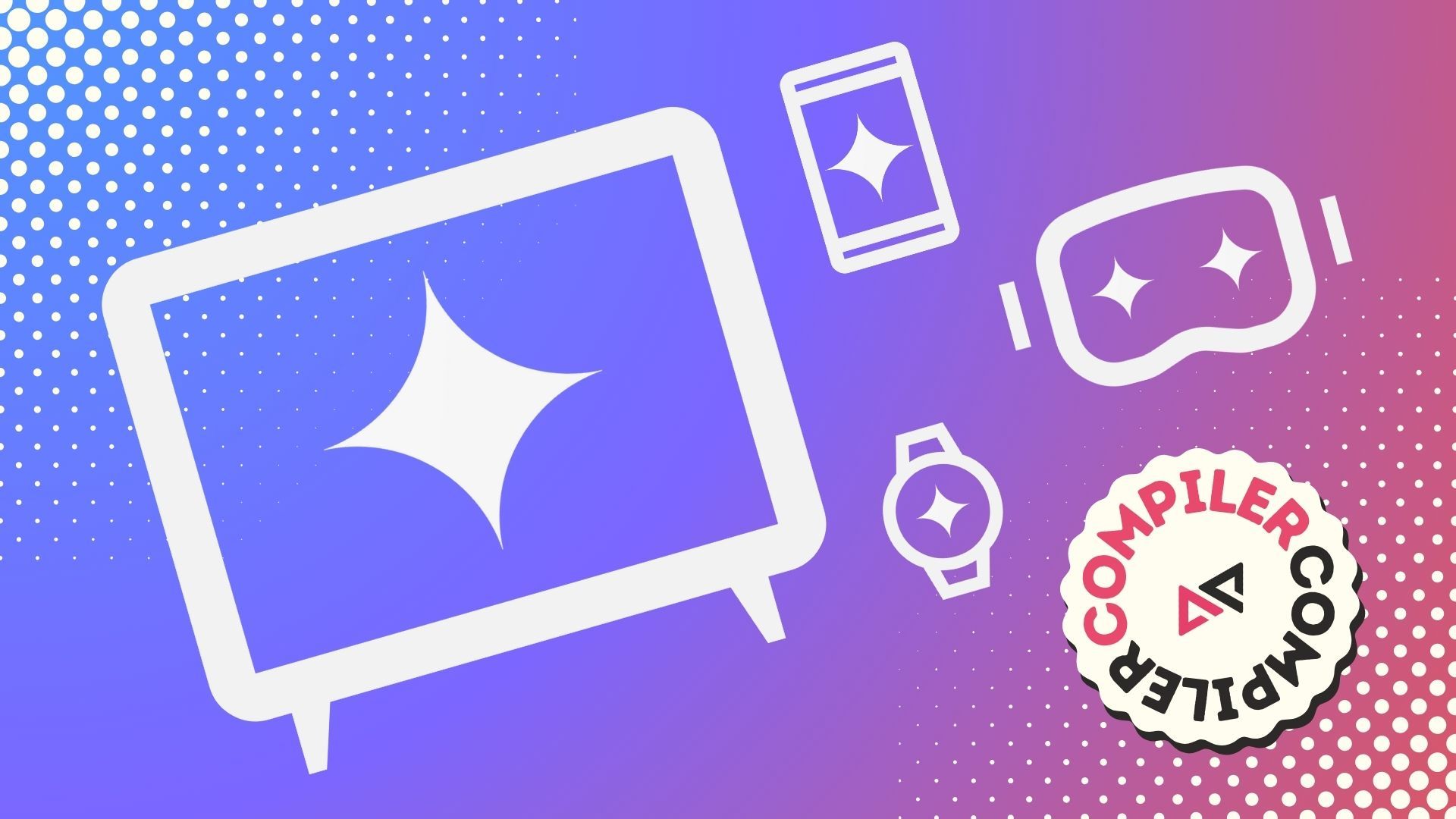 A graphic showing icons for a TV, a headset, a smartphone, and a smartwatch, over a blue, purple, and red gradient.
