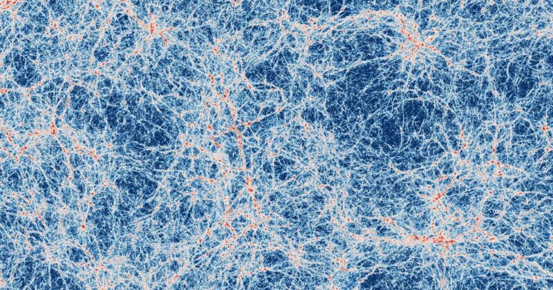 A complex web of interconnected blue and red filaments resembling a cosmic or neural network pattern, with dense clusters and branching lines creating an intricate, abstract design.
