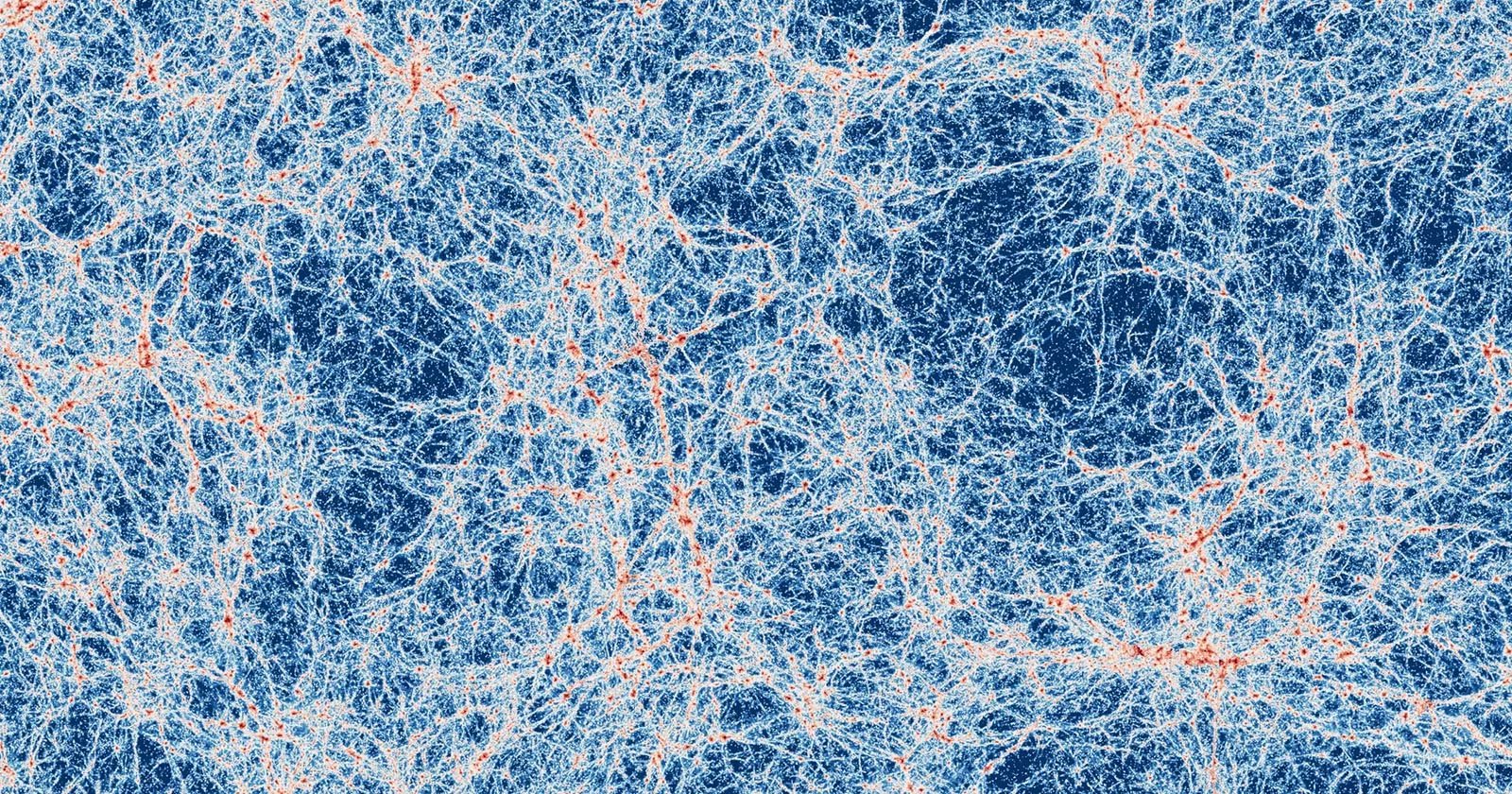 A complex web of interconnected blue and red filaments resembling a cosmic or neural network pattern, with dense clusters and branching lines creating an intricate, abstract design.