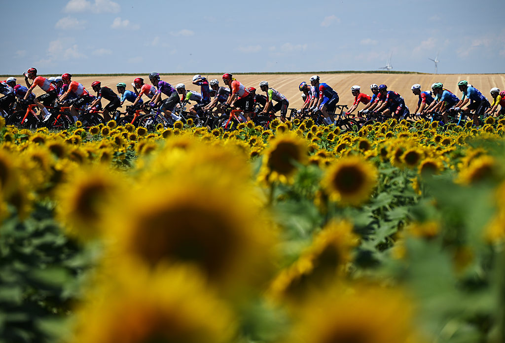 CHATEAUROUX, FRANCE - JULY 13: A general view of the peloton competing during the 112th Tour de France 2025, Stage 9 a 174.1km stage from Chinon to Chateauroux ) / #UCIWT / on July 13, 2025 in Chateauroux, France.