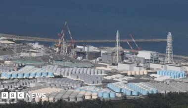 This aerial picture shows storage tanks used for storing treated water at TEPCO's crippled Fukushima Daiichi Nuclear Power Plant