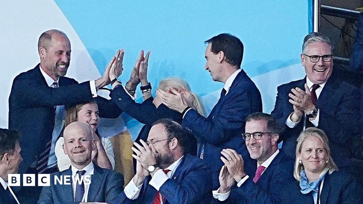 Prince William, Princess Charlotte and Keir Starmer celebrate and smile in the crowd as England win the Euro final
