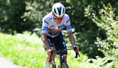 Remco Evenepoel (Soudal-Quickstep) on his own in the finale of stage 12 of the 2025 Tour de France to Hautacam