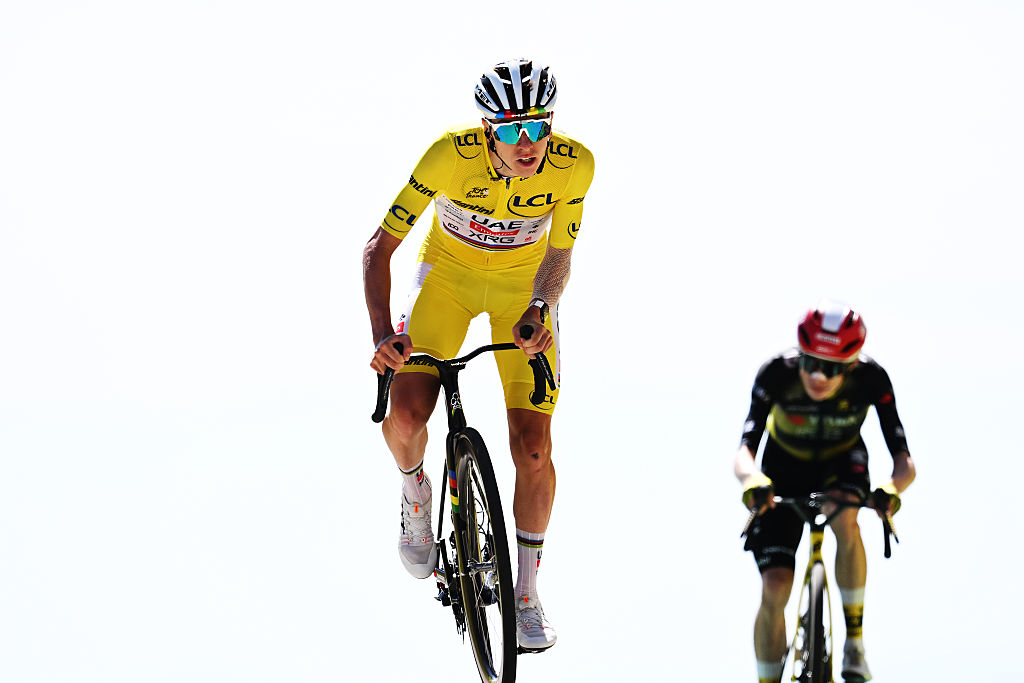 Tadej Pogacar of Slovenia and UAE Team Emirates - XRG - Yellow leader jersey crosses the finish line ahead of Jonas Vingegaard of Denmark and Team Visma | Lease a Bike during the 112th Tour de France 2025, Stage 16 a 171.5km stage from Montpellier to Mont Ventoux 1902m / #UCIWT / on July 22, 2025 in Mont Ventoux, France. (Photo by Tim de Waele/Getty Images)