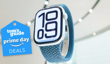Apple Watch Series 10 next to a blue Tom's Guide deals badge