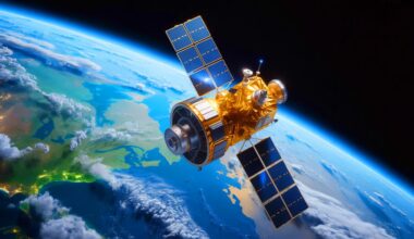 Illustration of a satellite autonomously analyzing and reacting to its environment, generated by artificial intelligence.
