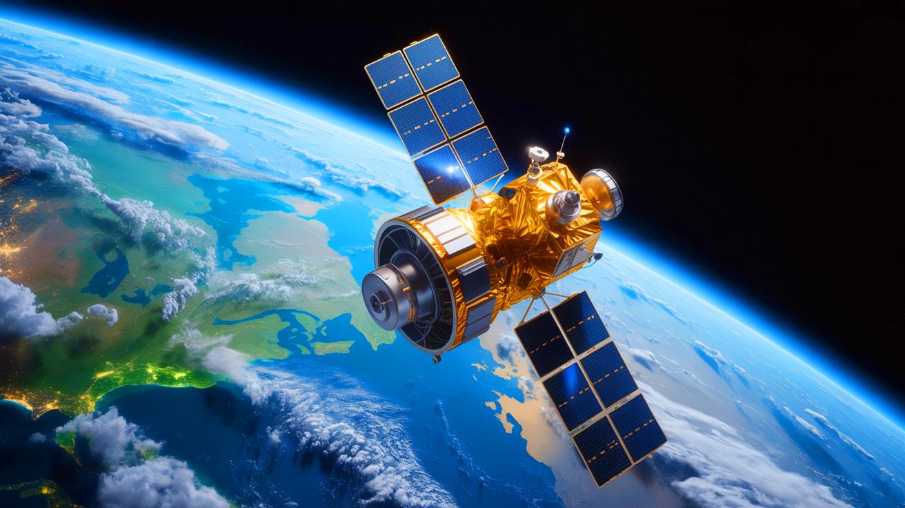 Illustration of a satellite autonomously analyzing and reacting to its environment, generated by artificial intelligence.