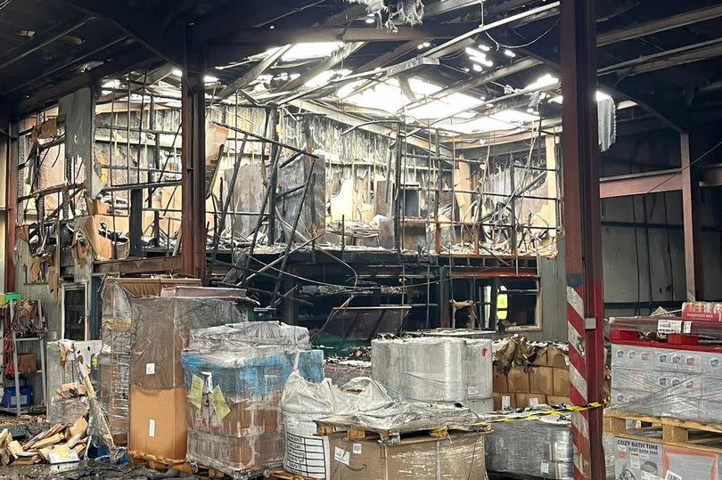 Another view of the damage to the warehouse of Chambers & Cook Freight Ltd in Perrywell Road - believed to have been caused by an exploding light in the weekend's extreme temperatures