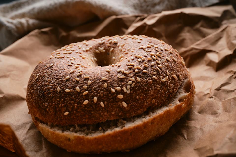 Sliced hand made wholemeal Bagel from an artisan bakery.