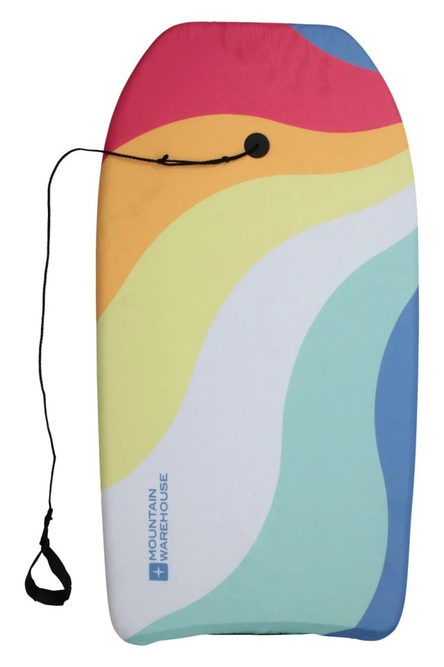 Rainbow body board with a leash, on sale at Mountain Warehouse.