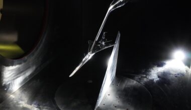 X-59 scaled model inside the JAXA supersonic wind tunnel.