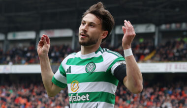 DUNDEE, SCOTLAND - APRIL 26: Nicolas Kühn of Celtic celebrates after scoring his team