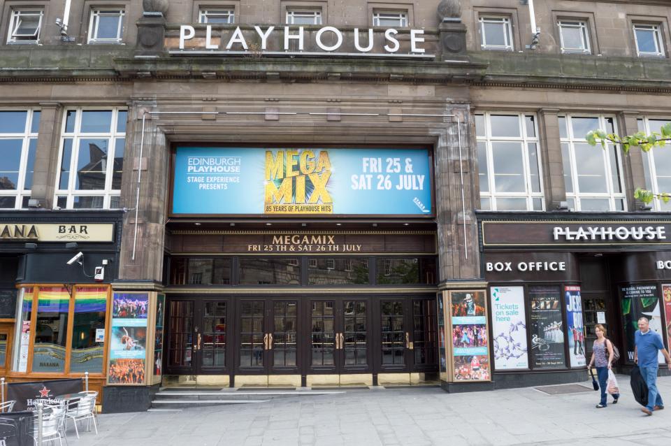 Edinburgh Playhouse Theatre exterior with Megamiix advertisement.