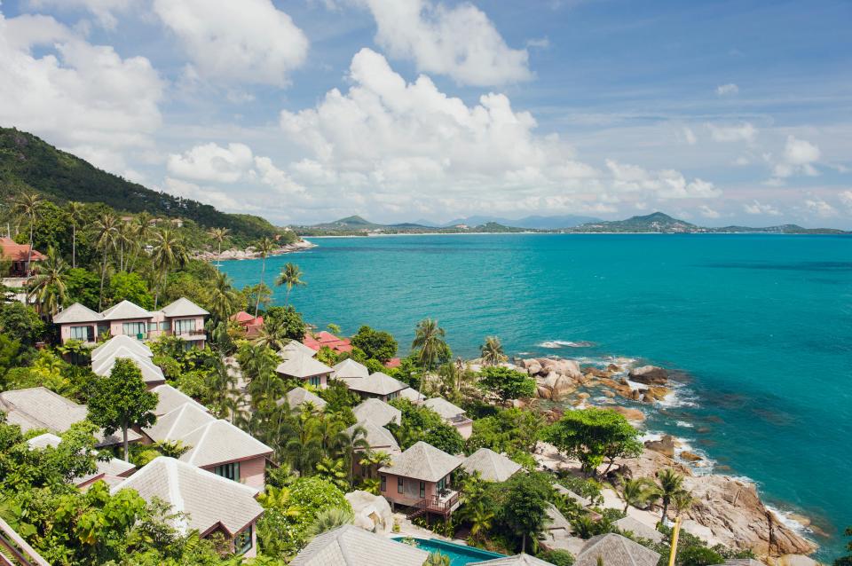 Bungalow complex on a tropical beach.