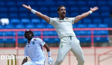 Mitchell Starc of Australia appeals for leg before wicket against the West Indies' Roston Chase