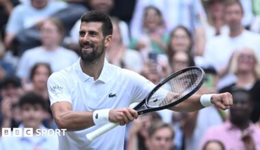 Novak Djokovic celebrates winning his 100th match at Wimbledon with a dance on Centre Court