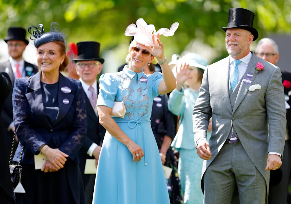 Sarah Ferguson, Zara Tindall and Mike Tindall smiling at Royal Ascot 